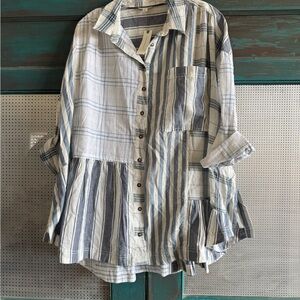 Pilcro Anthropologie Plaid Button-Up Shirt in Blue and Cream